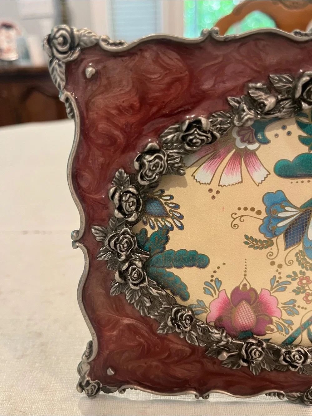 Vintage rose pink swirl enamel and silver rose floral oval frame. So sweet!